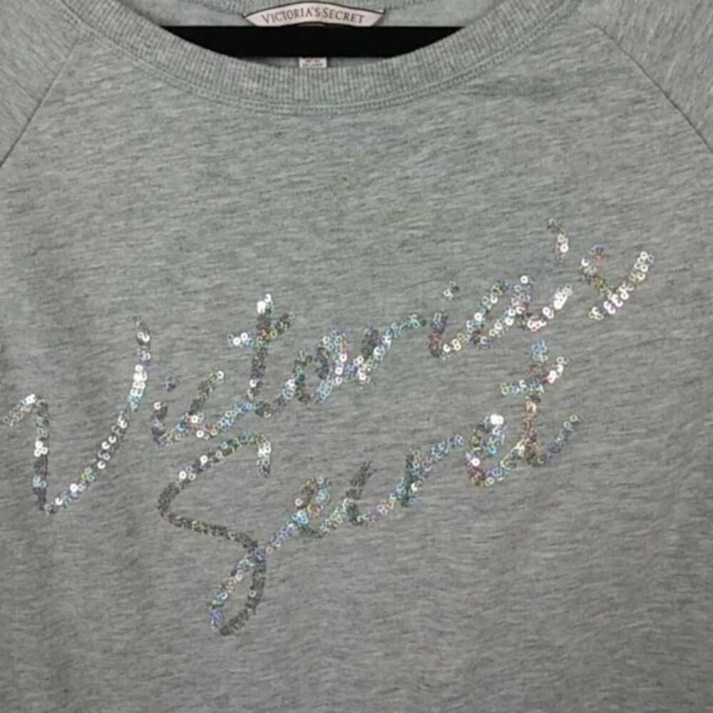 Victorias Secret Sequin Logo Heather Gray Sweatshirt Pullover Medium - Picture 3 of 5